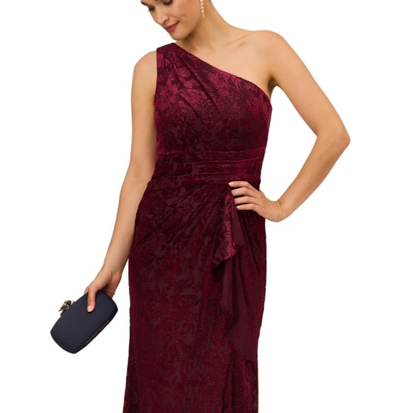 ADRIANNA PAPELL Burgundy One Shoulder Velvet Burnout Gown - Picture 7 of 11
